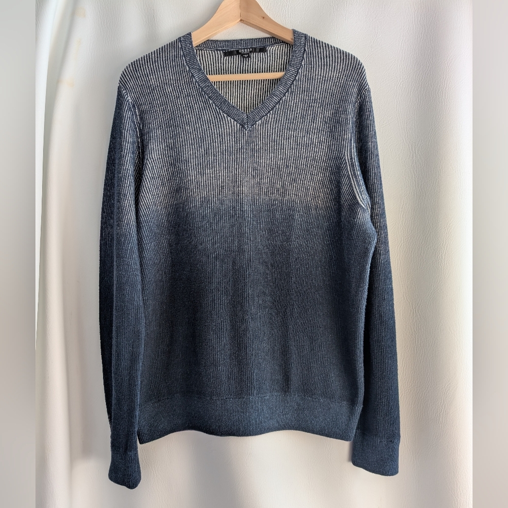 Guess Cotton Cashmere Blue Fade Knit Mini Rib Pullover Sweater V-Neck - XL